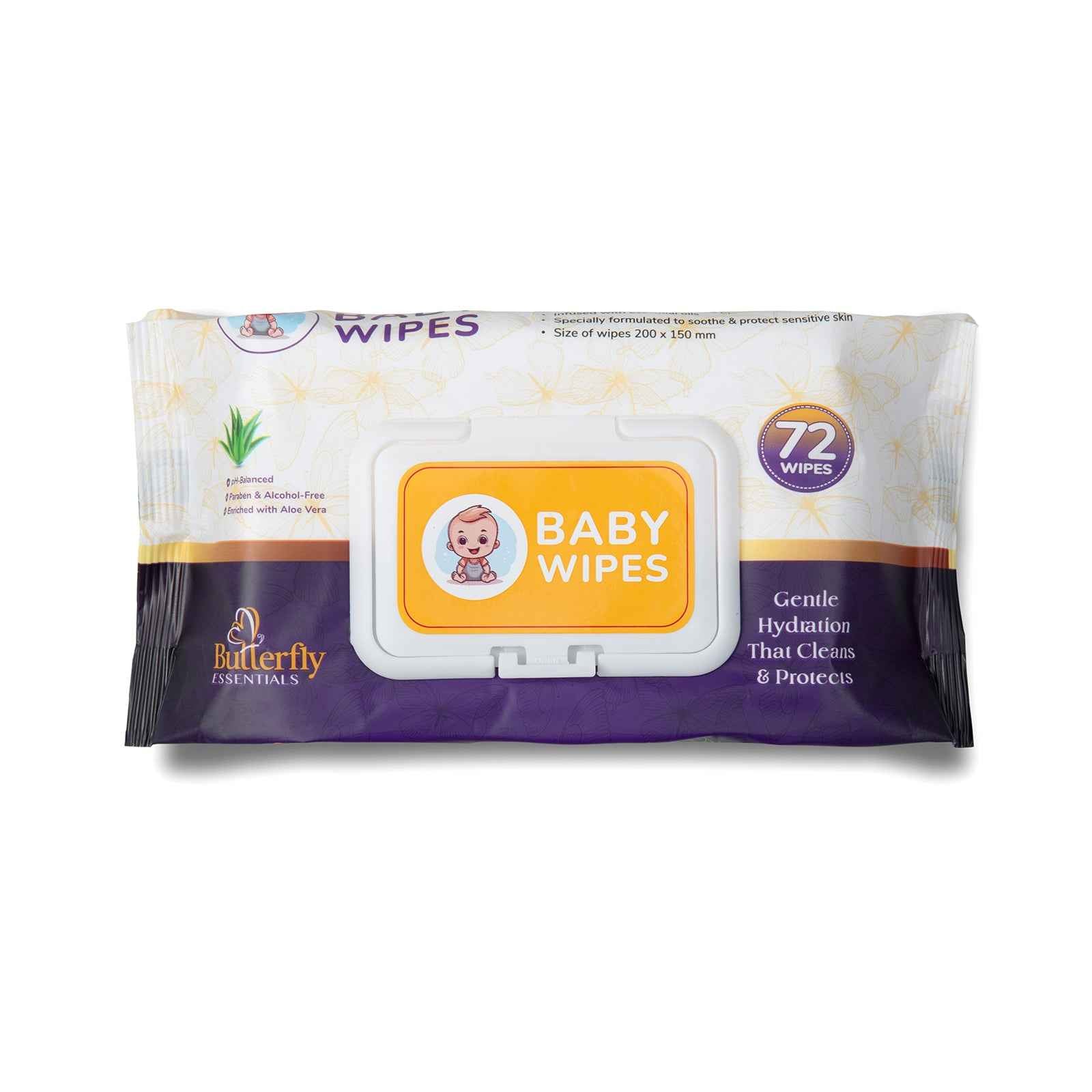 Pack of Butterfly Essentials baby wipes on a white background